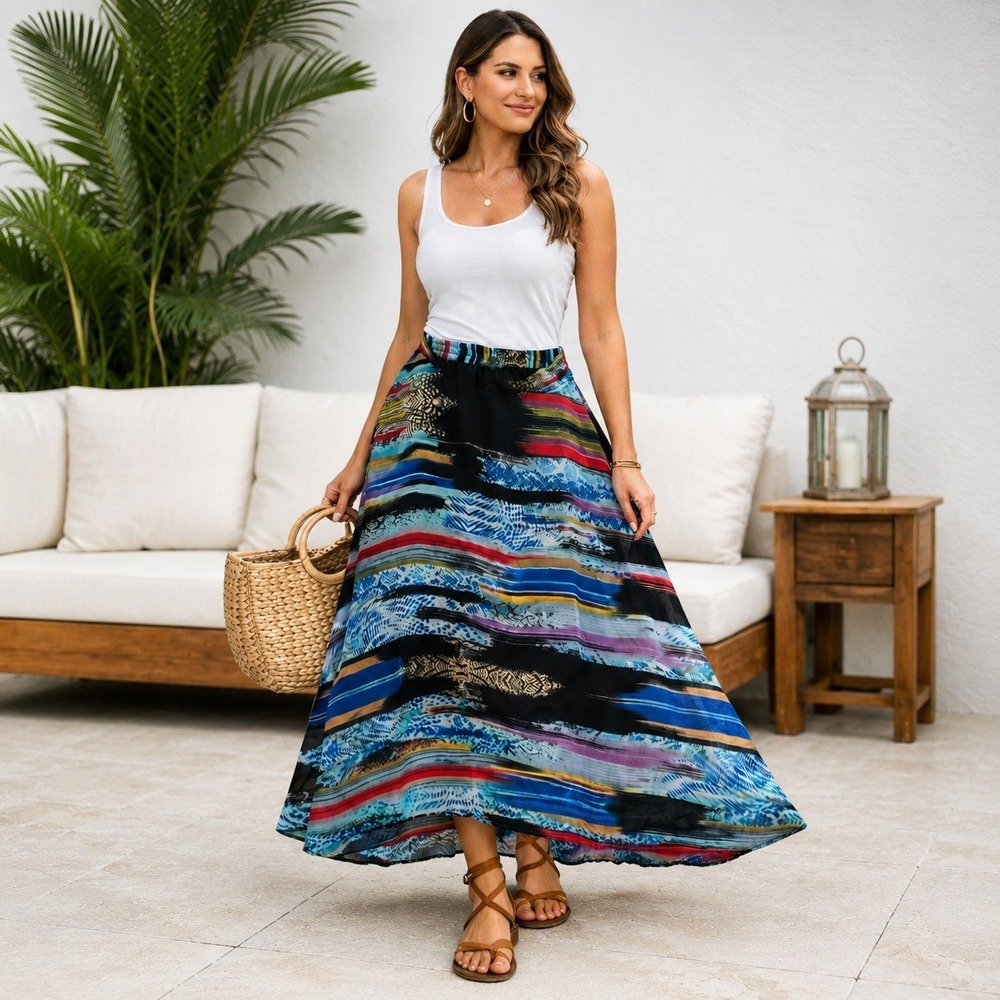 Mix Nouveau New York Maxi Skirt Large Multi Color Abstract Animal Print Lined